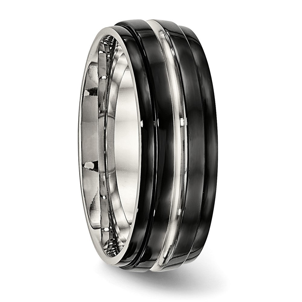 Stainless Steel Polished Black Ip Plated 8mm Ridged Edged Band