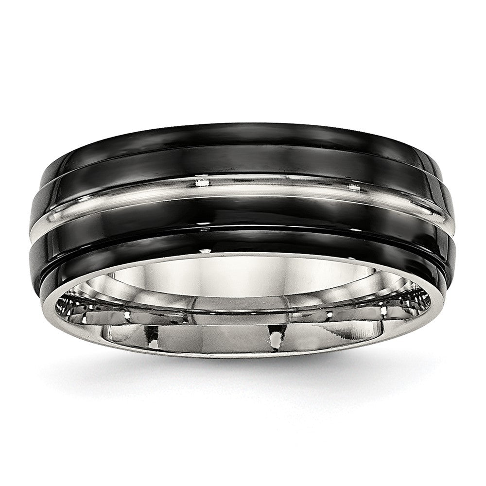 Stainless Steel Polished Black Ip Plated 8mm Ridged Edged Band