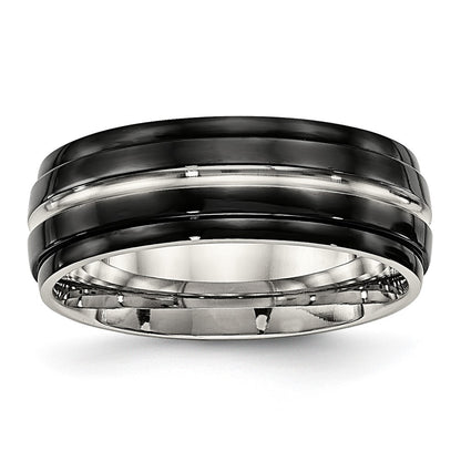 Stainless Steel Polished Black Ip Plated 8mm Ridged Edged Band