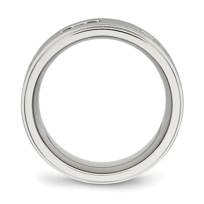 Stainless Steel Polished Brushed Center Black Cz 9mm Ridged Edge Band