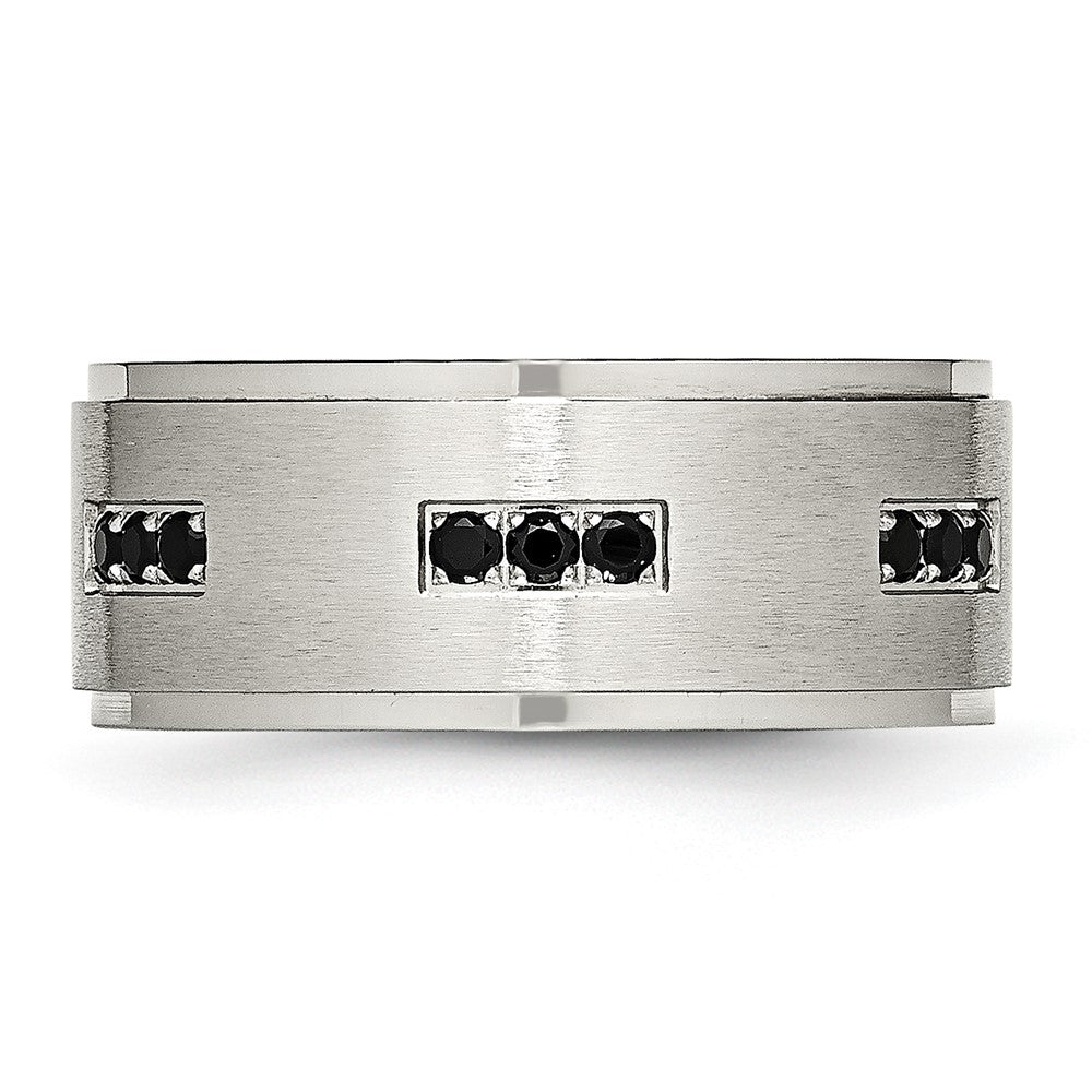 Stainless Steel Polished Brushed Center Black Cz 9mm Ridged Edge Band