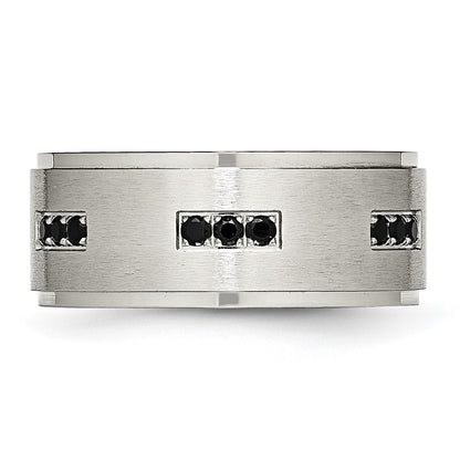 Stainless Steel Polished Brushed Center Black Cz 9mm Ridged Edge Band