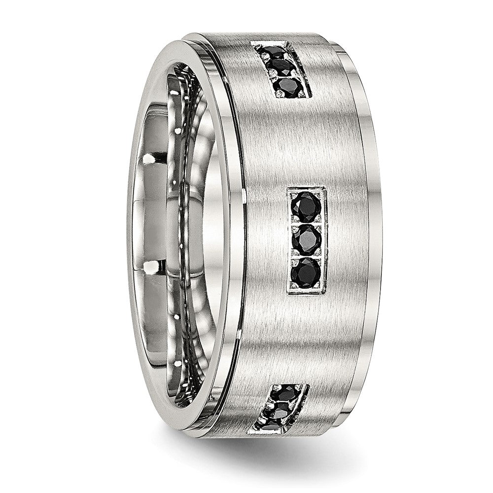 Stainless Steel Polished Brushed Center Black Cz 9mm Ridged Edge Band