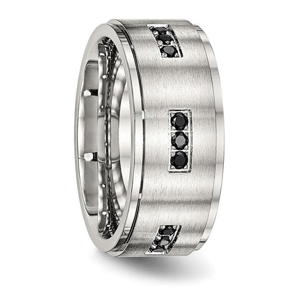Stainless Steel Polished Brushed Center Black Cz 9mm Ridged Edge Band