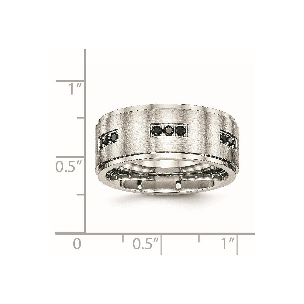 Stainless Steel Polished Brushed Center Black Cz 9mm Ridged Edge Band
