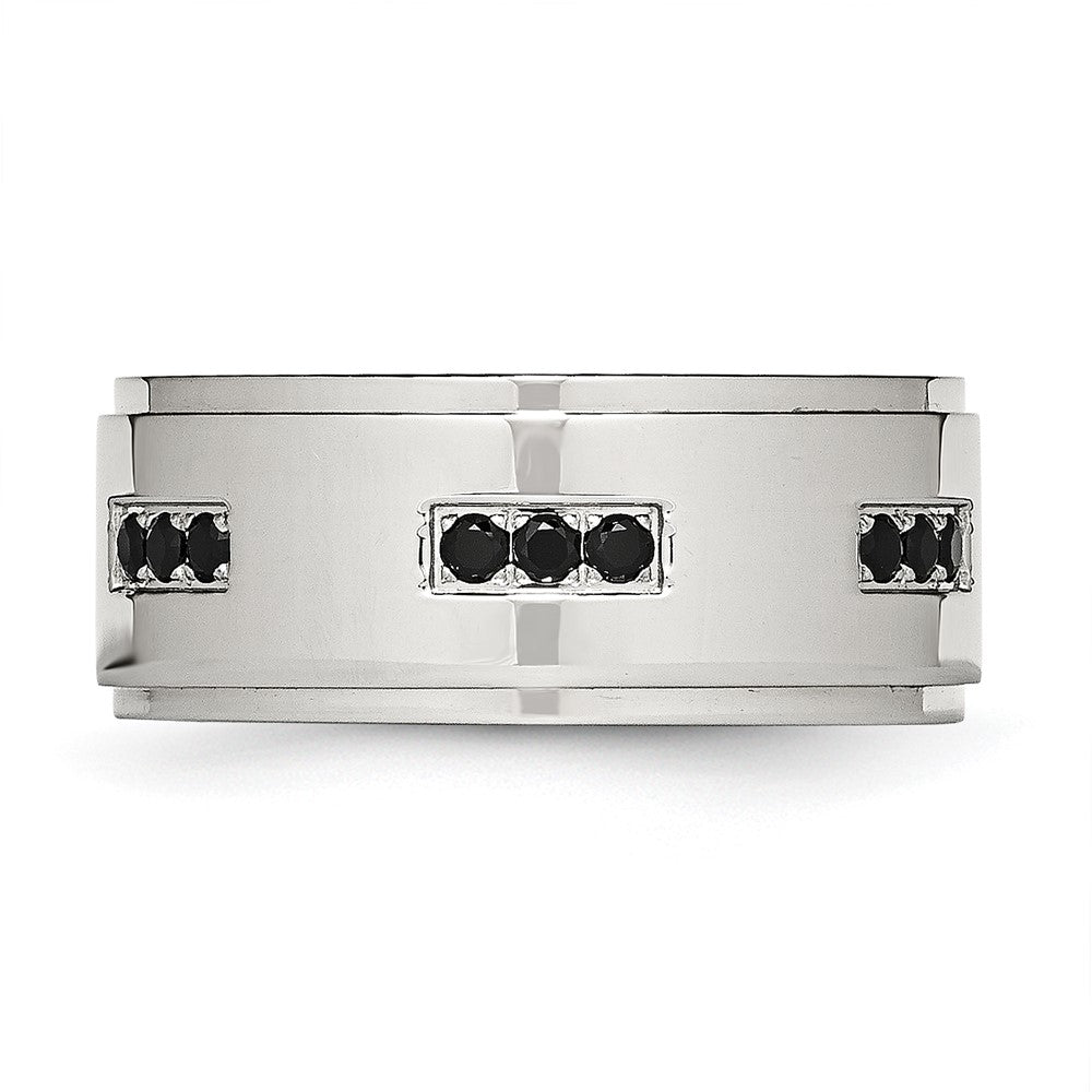 Stainless Steel Polished Black Cz 9mm Ridged Edge Band