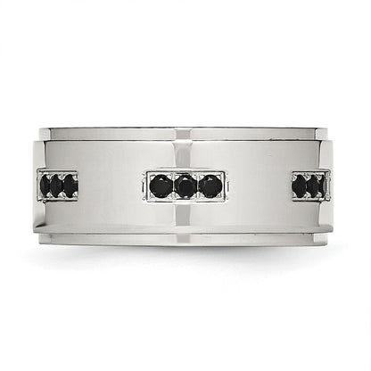 Stainless Steel Polished Black Cz 9mm Ridged Edge Band