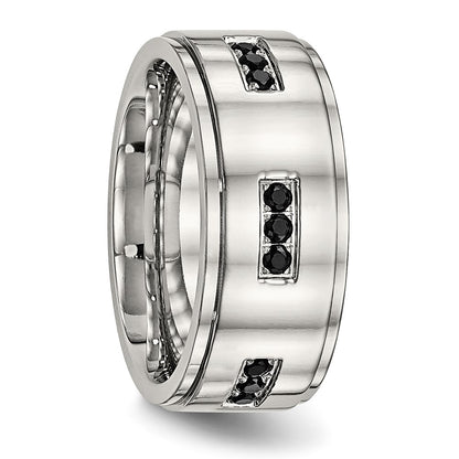 Stainless Steel Polished Black Cz 9mm Ridged Edge Band