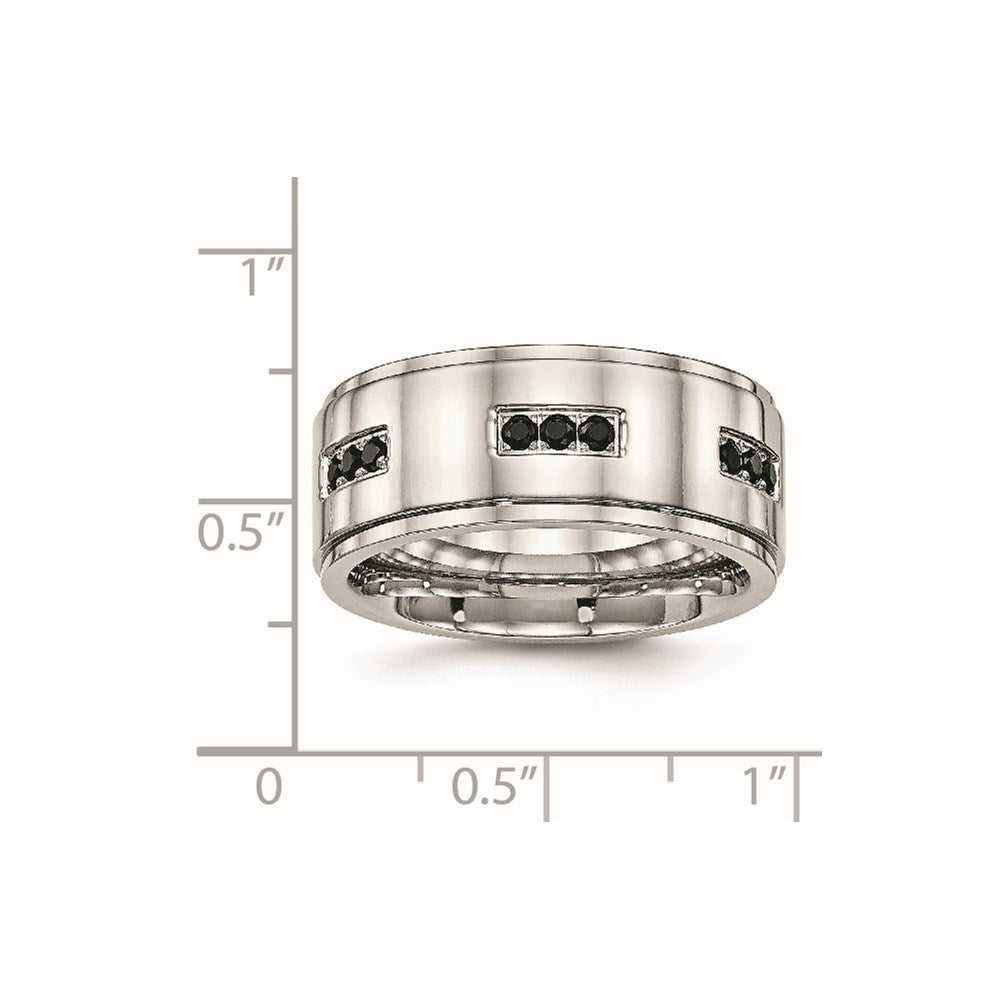 Stainless Steel Polished Black Cz 9mm Ridged Edge Band