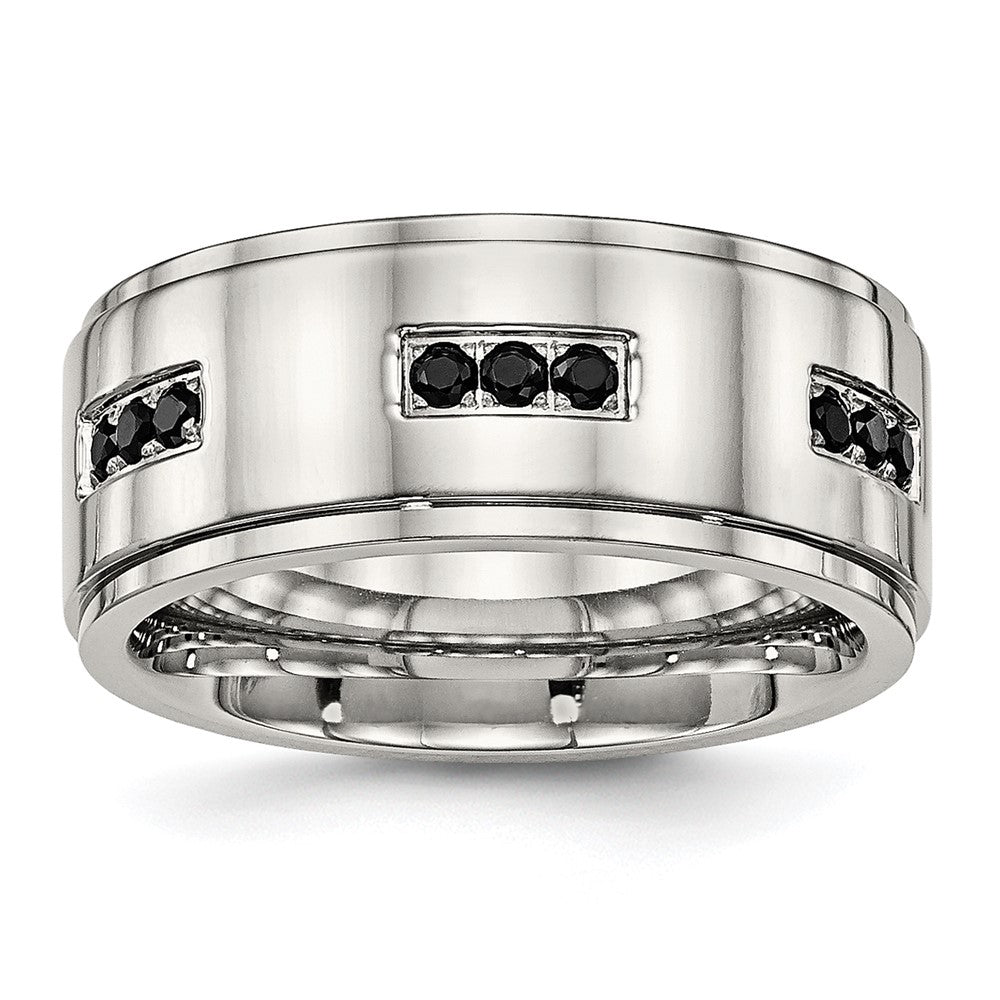 Stainless Steel Polished Black Cz 9mm Ridged Edge Band