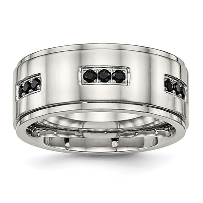 Stainless Steel Polished Black Cz 9mm Ridged Edge Band