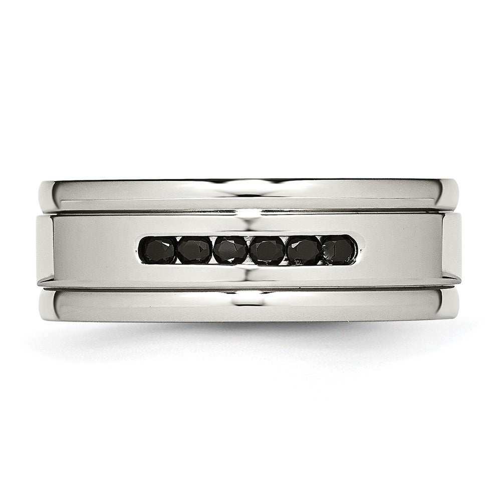 Stainless Steel Polished Black Cz 8mm Grooved Band