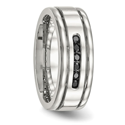 Stainless Steel Polished Black Cz 8mm Grooved Band