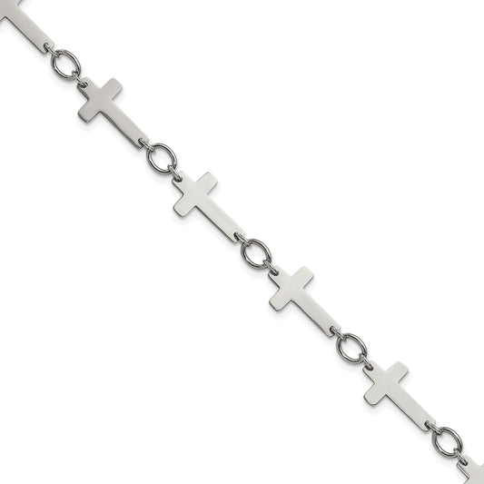 Stainless Steel Chisel Polished Sideways Cross Link 10 Inch Anklet