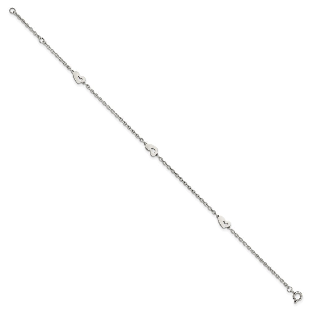 Stainless Steel Chisel Polished Hearts 9 Inch Anklet Plus 1 Extension