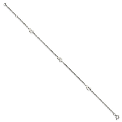 Stainless Steel Chisel Polished Hearts 9 Inch Anklet Plus 1 Extension
