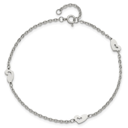 Stainless Steel Chisel Polished Hearts 9 Inch Anklet Plus 1 Extension