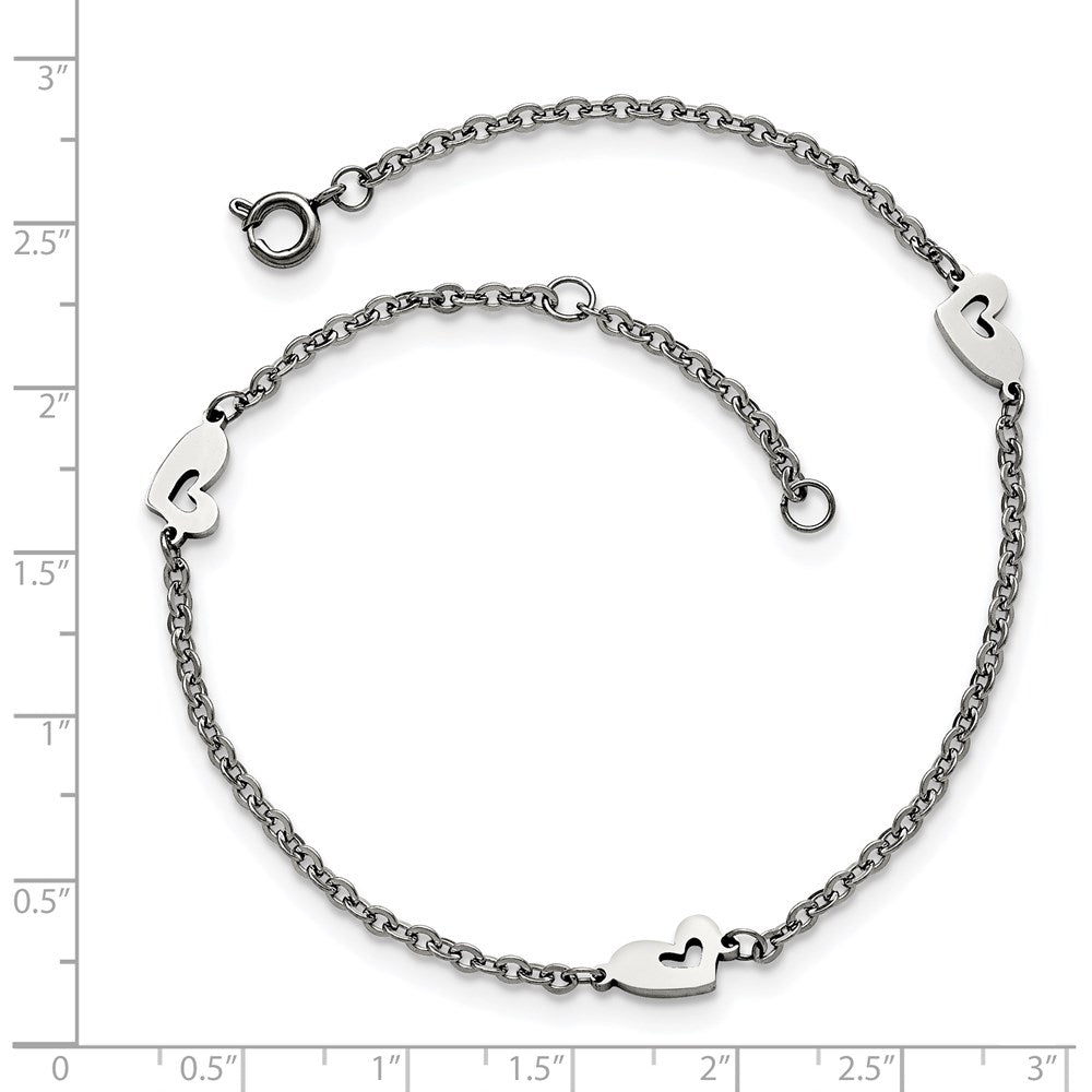 Stainless Steel Chisel Polished Hearts 9 Inch Anklet Plus 1 Extension