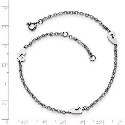 Stainless Steel Chisel Polished Hearts 9 Inch Anklet Plus 1 Extension