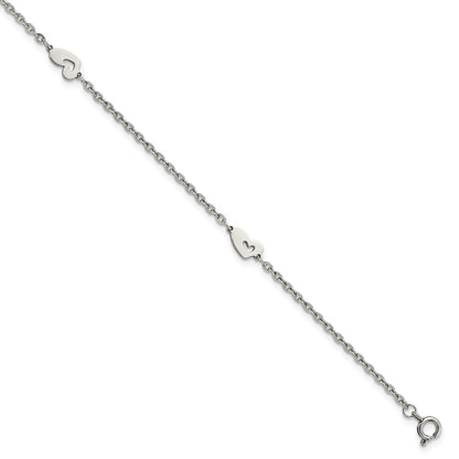 Stainless Steel Chisel Polished Hearts 9 Inch Anklet Plus 1 Extension