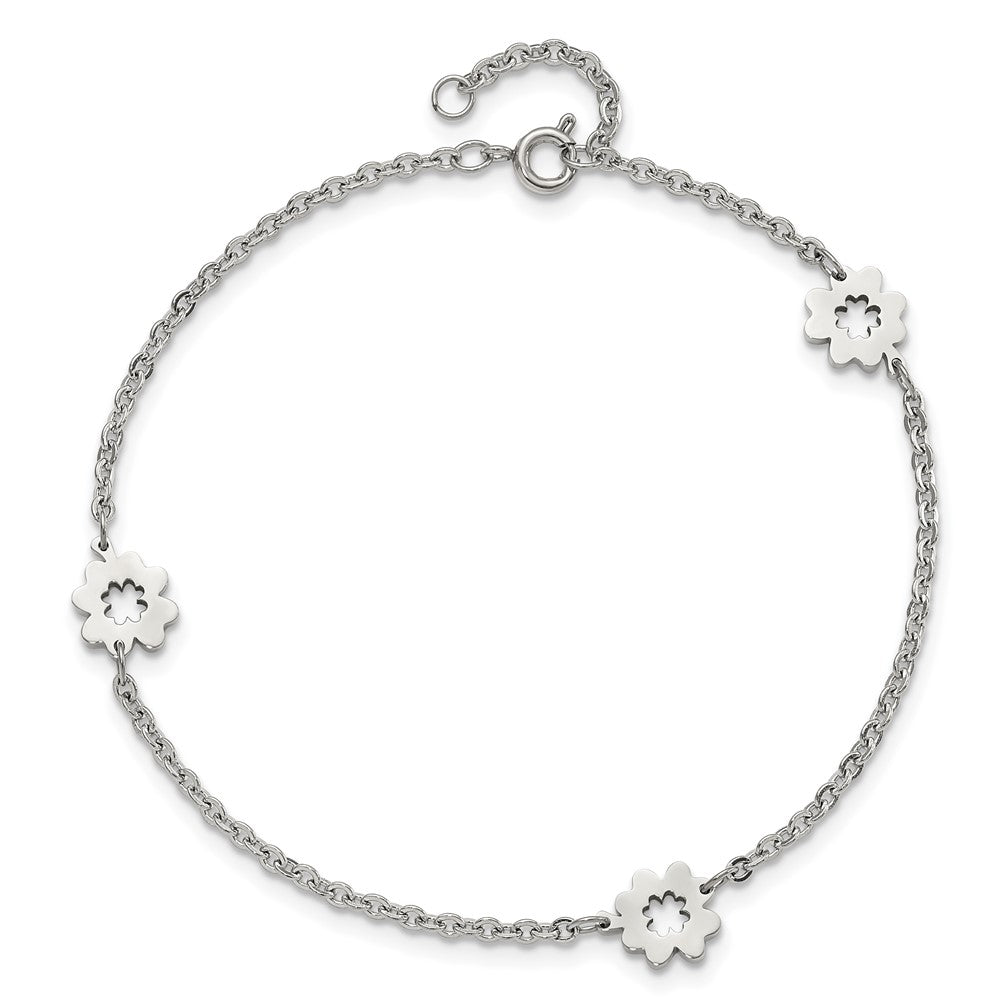 Stainless Steel Chisel Polished Flowers 9 Inch Anklet Plus 1 Extension