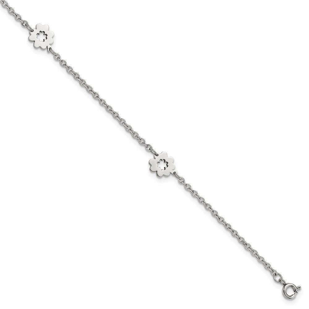 Stainless Steel Chisel Polished Flowers 9 Inch Anklet Plus 1 Extension