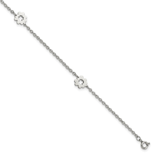 Stainless Steel Chisel Polished Flowers 9 Inch Anklet Plus 1 Extension
