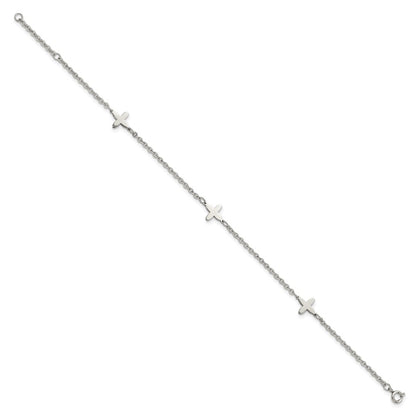 Stainless Steel Chisel Polished Cross Charms 9 Inch Anklet Plus 1 Extension