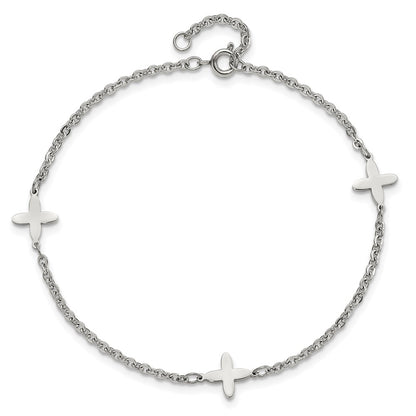 Stainless Steel Chisel Polished Cross Charms 9 Inch Anklet Plus 1 Extension
