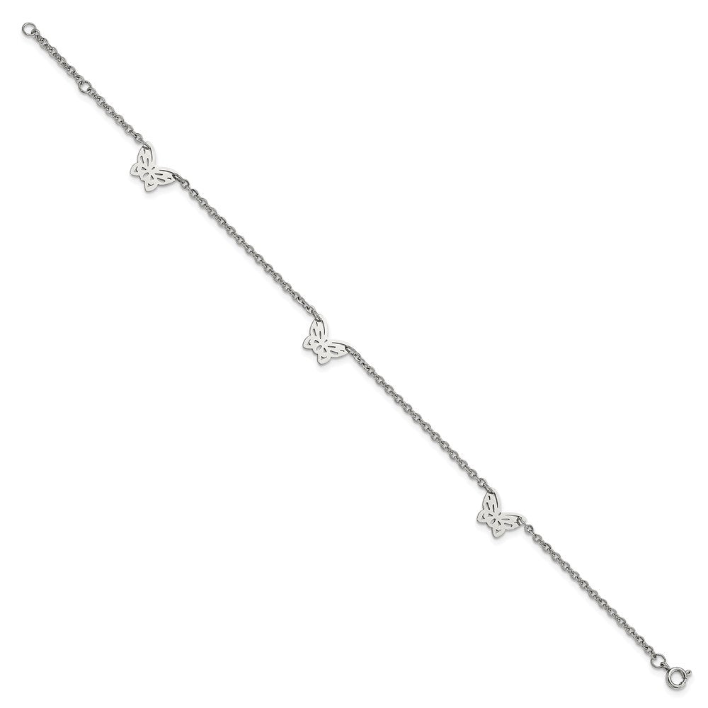 Stainless Steel Chisel Polished With Butterfly Charms 9.5 Inch Anklet Plus 1 Extension