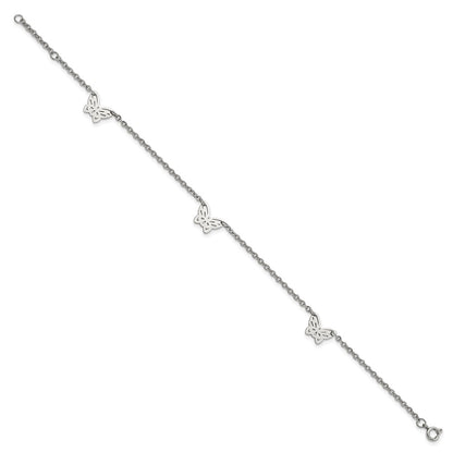 Stainless Steel Chisel Polished With Butterfly Charms 9.5 Inch Anklet Plus 1 Extension