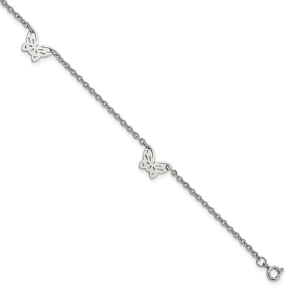 Stainless Steel Chisel Polished With Butterfly Charms 9.5 Inch Anklet Plus 1 Extension