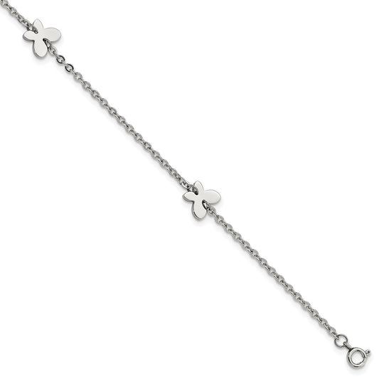 Stainless Steel Chisel Polished With Butterfly Charms 9 Inch Anklet Plus 1 Extension