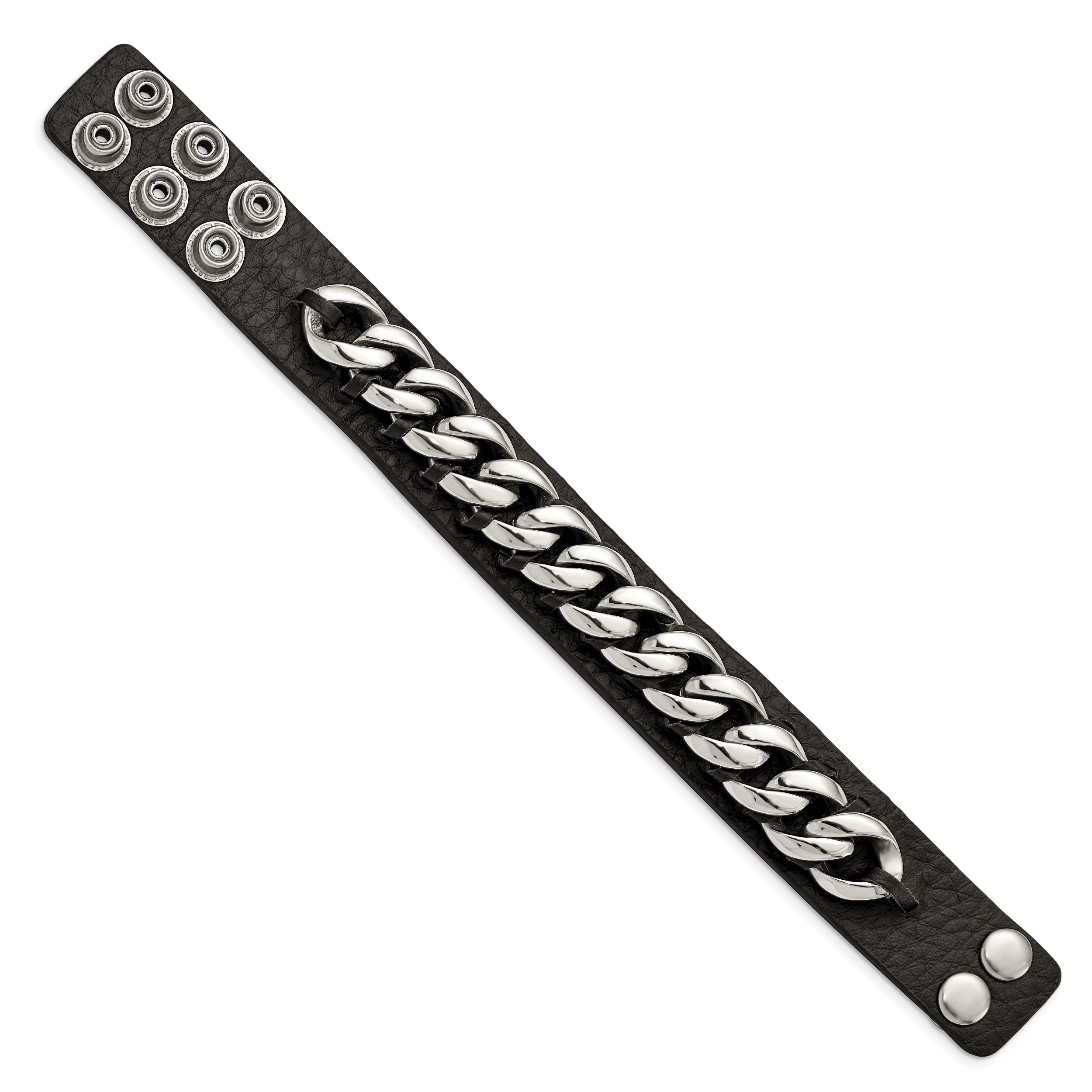 8.5 Inch Stainless Steel Black Leather W/Chain 8.5In Bracelet