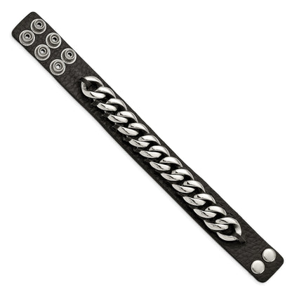 8.5 Inch Stainless Steel Black Leather W/Chain 8.5In Bracelet