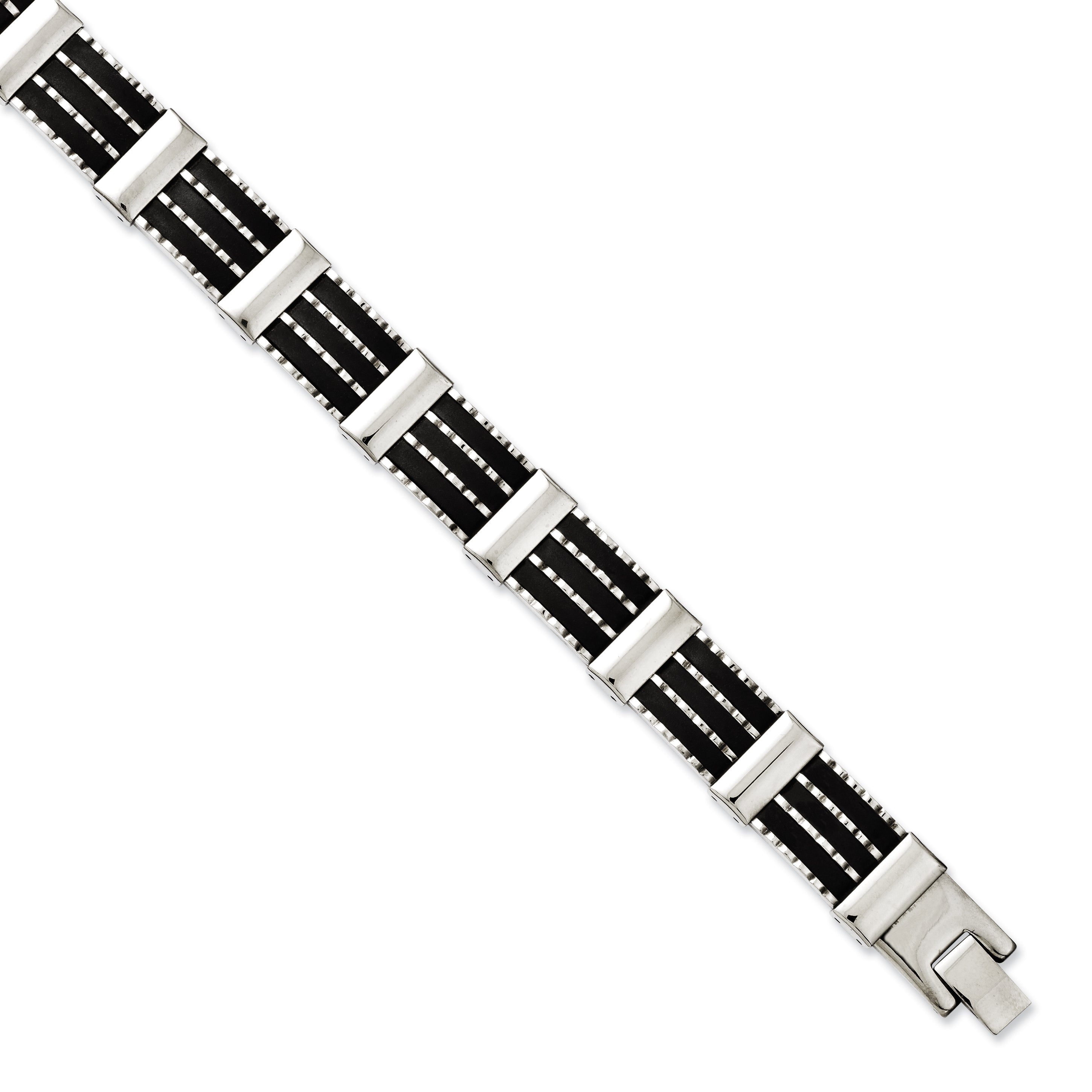 8.25 Inch Stainless Steel Black Rubber & Polished 8.25In Bracelet