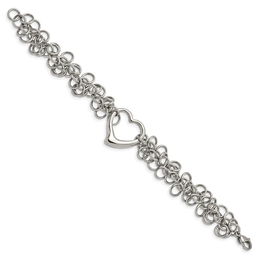 Stainless Steel Chisel Polished Circle Links With Heart 7.5 Inch Bracelet