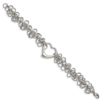 Stainless Steel Chisel Polished Circle Links With Heart 7.5 Inch Bracelet