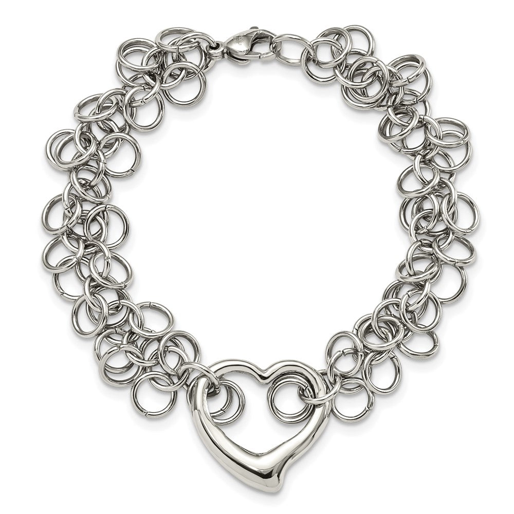 Stainless Steel Chisel Polished Circle Links With Heart 7.5 Inch Bracelet