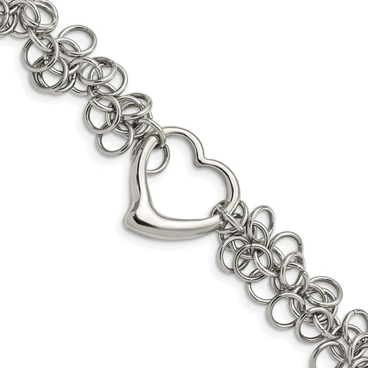 Stainless Steel Chisel Polished Circle Links With Heart 7.5 Inch Bracelet