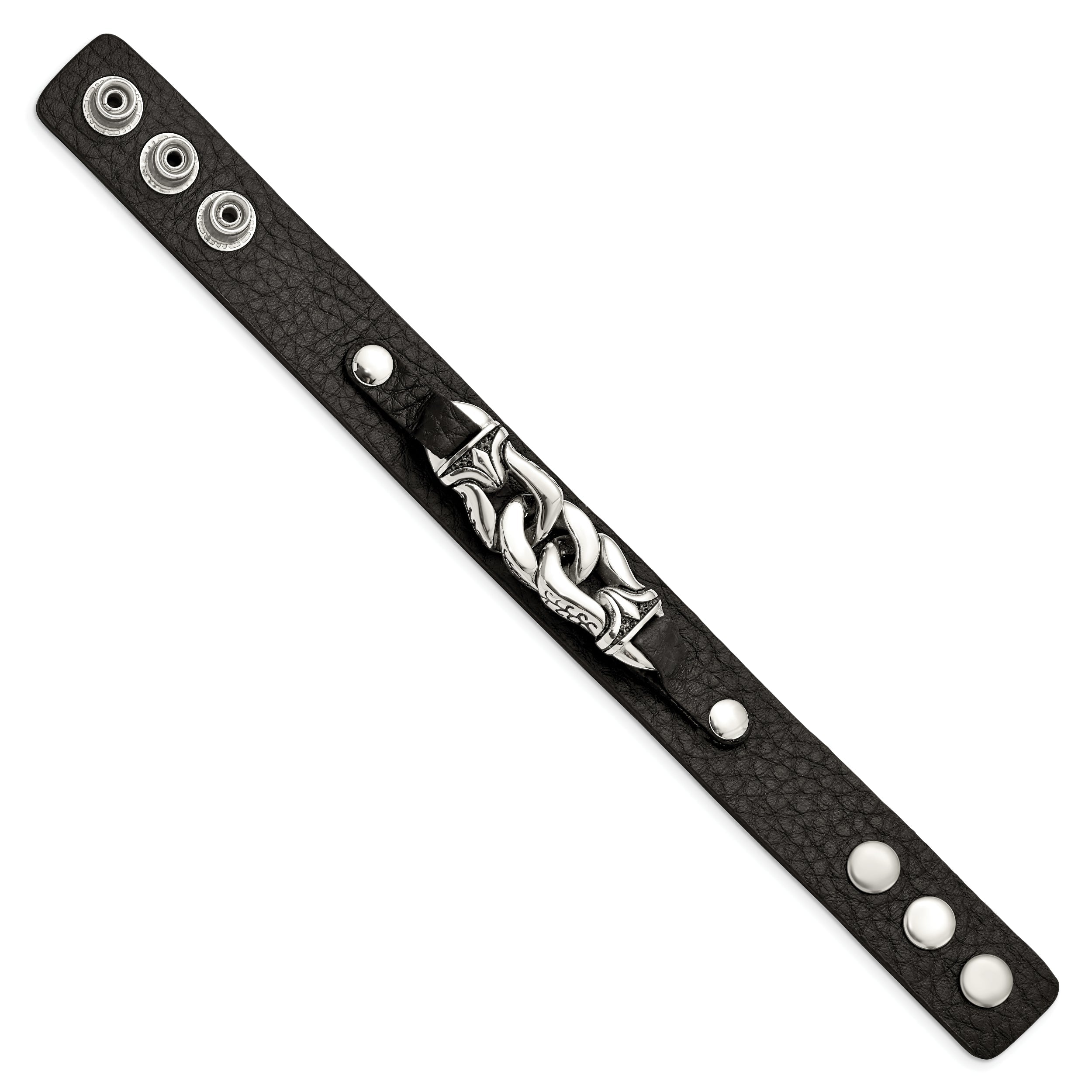 8.5 Inch Stainless Steel Black Leather W/Antiqued Chain 8.5In Bracelet