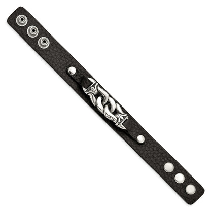 8.5 Inch Stainless Steel Black Leather W/Antiqued Chain 8.5In Bracelet