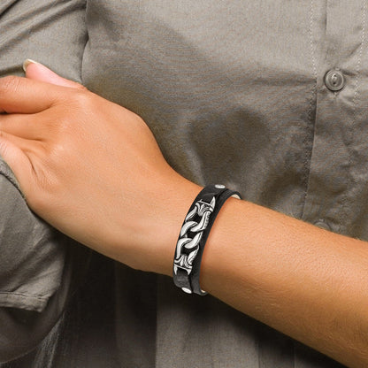 8.5 Inch Stainless Steel Black Leather W/Antiqued Chain 8.5In Bracelet