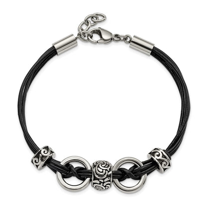 8.25 Inch Stainless Steel Antiqued And Polished Leather 8.25In W/1In Ext Bracelet