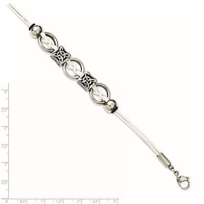 8.25 Inch Stainless Steel White Leather W/Antiqued Beads 8.25In W/Ext Bracelet