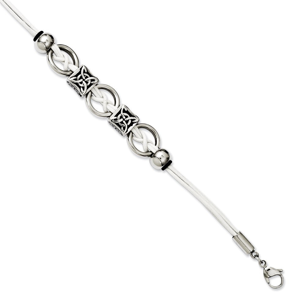 8.25 Inch Stainless Steel White Leather W/Antiqued Beads 8.25In W/Ext Bracelet