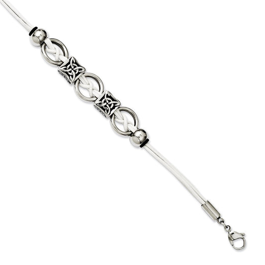 8.25 Inch Stainless Steel White Leather W/Antiqued Beads 8.25In W/Ext Bracelet