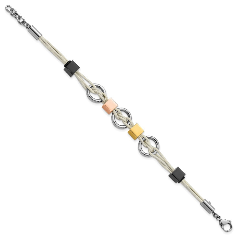 9 Inch Stainless Steel Multi Ip-Plated Beads & White Leather W/.75In Ext Bracelet