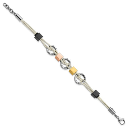 9 Inch Stainless Steel Multi Ip-Plated Beads & White Leather W/.75In Ext Bracelet