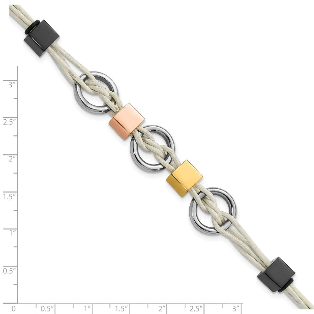 9 Inch Stainless Steel Multi Ip-Plated Beads & White Leather W/.75In Ext Bracelet